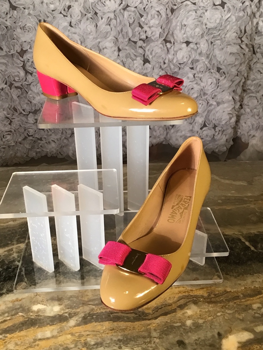 Salvatore Ferragamo Tan Patent Leather Pumps with Pink Bow and Heel